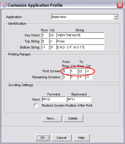 Application profile with printing range for first screen